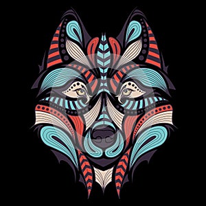 Patterned colored head of wolf.