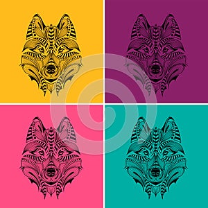 Patterned colored head of the wolf. Pop art style vector illustration.