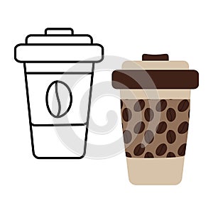 Patterned disposable cup with coffee beans in trendy soft brown and outline drawing oneoff glass