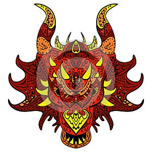 Patterned dragon head. Colored doodle dragon