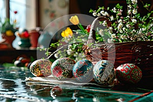 Patterned Easter eggs arranged in a row on a shiny kitchen worktop.