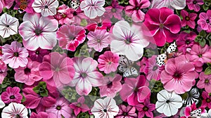 A patterned flowerbed with alternating rows of pink and white flowers drawing in butterflies with its eyecatching design