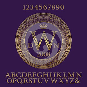 Patterned gold letters and numbers with initial monogram. Elegant patterned font and elements kit for logo design