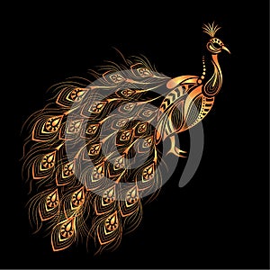 Patterned Golden peacock. African, indian design. It may be used for shirt, bag, postcard and poster.