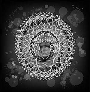 Patterned head of the lion on the grunge background. African indian totem tattoo design.