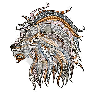 Patterned head of lion head on the white background. African,boho,indian,totem,tattoo design. Can be used for design of a t-shirt,