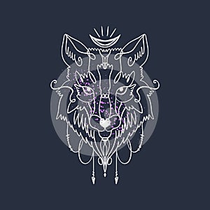 Patterned head of the wolf, animal face on background. African or indian totem, boho style, flash tattoo design