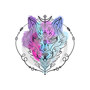 Patterned head of the wolf, animal face on background. African or indian totem, boho style, flash tattoo design