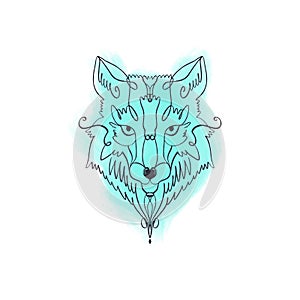 Patterned head of the wolf, animal face on background. African or indian totem, boho style, flash tattoo design