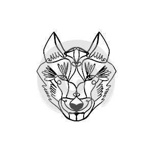 Patterned head of the wolf, animal face on white background. African or indian totem, boho style, flash tattoo design