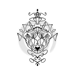 Patterned head of the wolf, animal face on white background. African or indian totem, boho style, flash tattoo design