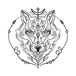 Patterned head of the wolf, animal face on white background. African or indian totem, boho style, flash tattoo design