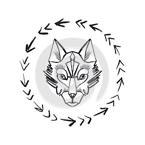 Patterned head of the wolf, animal face on white background. African or indian totem, boho style, flash tattoo design