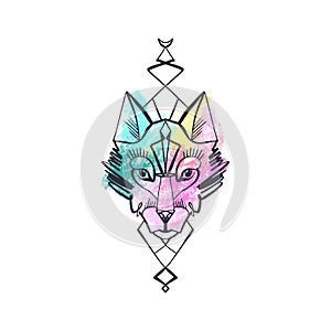 Patterned head of the wolf, animal face on white background. African or indian totem, boho style, flash tattoo design