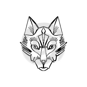 Patterned head of the wolf, animal face on white background. African or indian totem, boho style, flash tattoo design