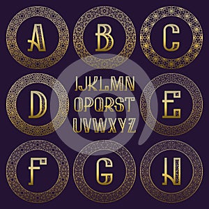 Patterned monogram kit. Golden letters and ornamental round frames for creating initial logo in vintage oriental style