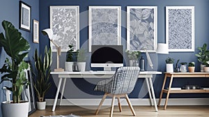 Patterned poster on table with computer monitor in blue home office interior with plants