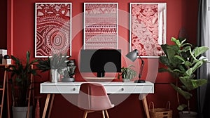 Patterned poster on table with computer monitor in red home office interior with plants