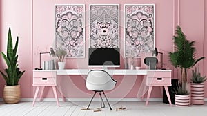 Patterned poster on table with computer monitor in Pink home office interior with plants