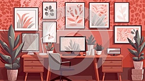 Patterned poster on table with computer monitor in red home office interior with plants