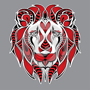 Patterned red head of the lion on the grey background. African / indian / totem / tattoo design. It may be used for design of a t-