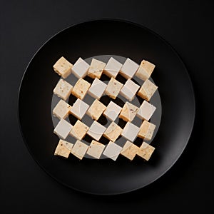 Patterned Steak Cubes on a Black Plate photo