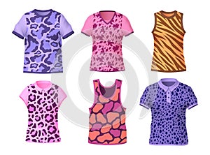 Patterned t shirts. Animal print, trendy colorful safari shirt. Wildlife cat camouflage pink and purple. Fashion cotton