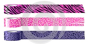Patterned tapes. Duct tape rolls. Animal pattern. Zebra and leopard colorful texture, pink and purple colors. Colorful