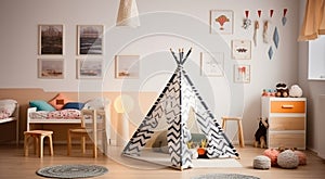 Patterned tent near stool in child\'s bedroom interior with posters on white. Generative AI
