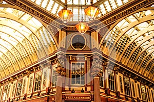 The patterned, traditional, architectural ceiling of & x27;Leadenhall market& x27;, central London, UK.