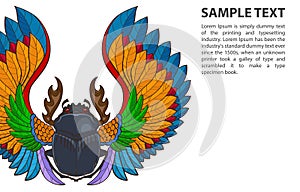 Patterned vector scarab beetle on white background with place for text