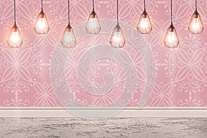 Patterned wallpaper and glowing hanging lamps in room