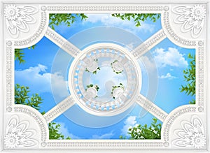 Patterned wallpapers on the ceiling with a round balustrade on top 3d rendering