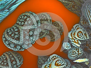Patterned worm-like structure with self-same details in texture. 3D graphic of a Mandelbulb fractal, JPEG image