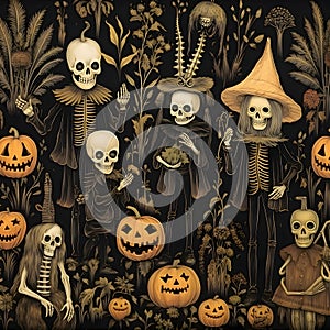 Halloween seamless pattern with pumpkins, skulls and witch. Vector illustration