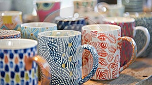 The patterns on each mug vary showcasing a range of artistic techniques and personal design choices.