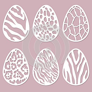 Patterns, spots, texture carved in egg. Vector illustration. Easter eggs for Easter holidays. Set of paper Easter egg stickers.