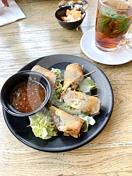 Patties rolls of dough stuffed with meat. Japanese or Chinese appetizer