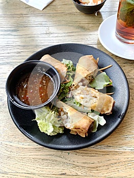 Patties rolls of dough stuffed with meat. Japanese or Chinese appetizer