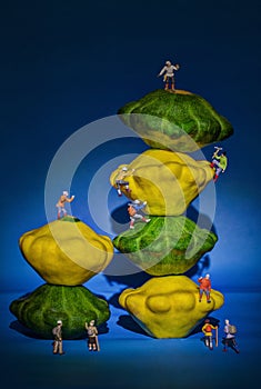 Pattypan squash mountains with alpinist people