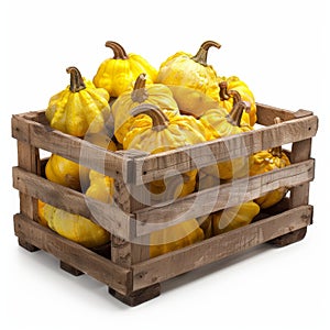 Pattypan squashes in wooden crate isolated, yellow shriveled pumpkins, decorative zucchini on white photo