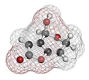 Patulin mycotoxin molecule. 3D rendering. Atoms are represented as spheres with conventional color coding: hydrogen (white),