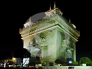 Patuxai arch landmark in vientiane city laos at night