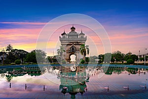 Patuxai Patuxay at twilight in Vientiane, Laos.