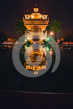 Patuxai War Monument reflection at night Vientiane Laos