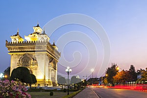 Patuxay or Patuxai Victory Monument, architectural landmark of Vientiane, capital city of Laos
