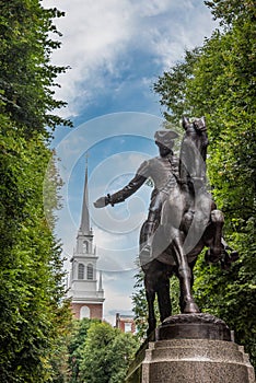 Paul Revere statue and Old North Church in Boston