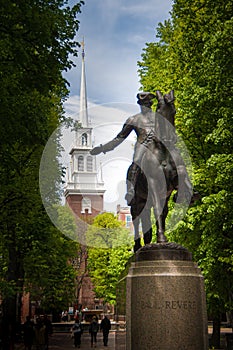 Paul Revere Statue and Old North Church in Boston, Massachusetts