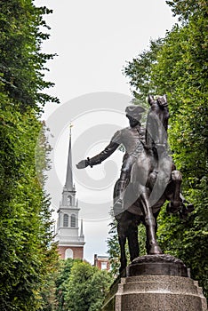 Paul Revere statue and Old North Church in Boston