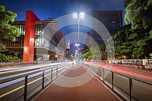 Paulista Avenue and MASP Sao Paulo Museum of Art at night - Sao Paulo, Brazil photo